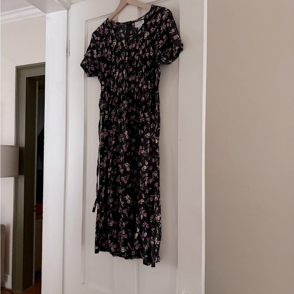 Vintage 90s Black Floral Midi Sundress with Tie Back